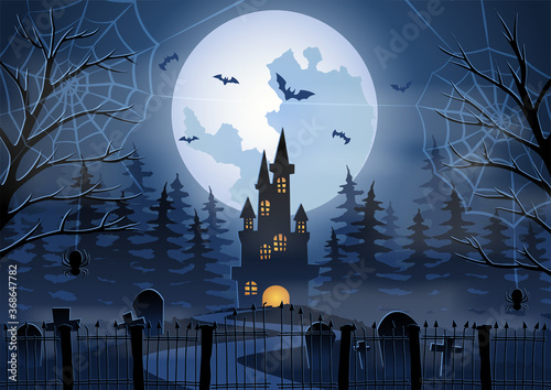Halloween background with graveyard and Castle scene on Halloween night