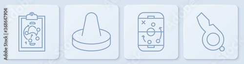 Set line Planning strategy, Planning strategy, Mallet for playing air hockey and Whistle. White square button. Vector.