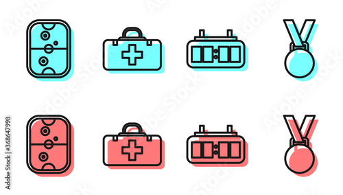 Set line Hockey mechanical scoreboard, Air hockey table, First aid kit and Medal icon. Vector.