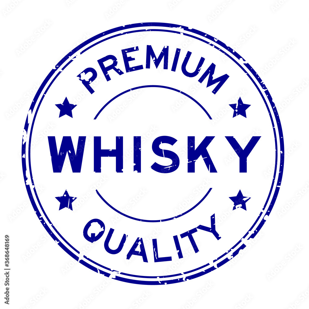 Grunge blue premium quality whisky word round rubber seal stamp on white background