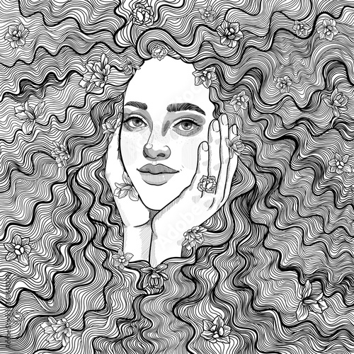 beautiful girl smiling, her hair is chic and decorated with flowers, black and white