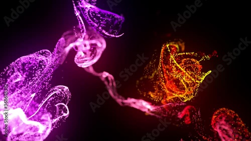 injection of fluorescent red violet ink in water in 4k. 3d render of glow particles in ink flow. Luma matte as alpha channel. Background of shiny ink effect advection. 21