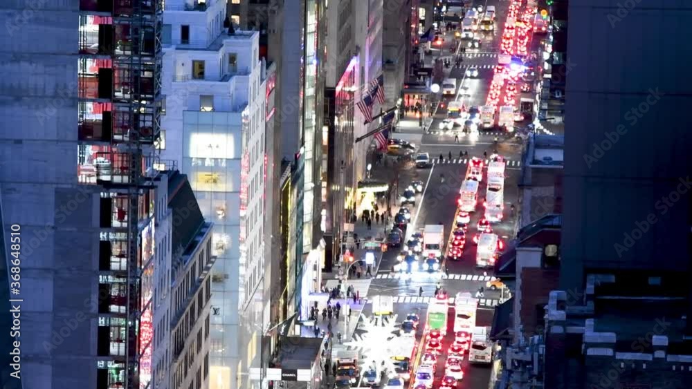 NEW YORK CITY - DECEMBER 2018: Slow motion aerial overhead view of Manhattan night traffic in slow motion, New York City, USA NEW YORK CITY - DECEMBER 2018: Slow motion aerial overhead view of Manhattan night traffic in slow motion, New York City, USA