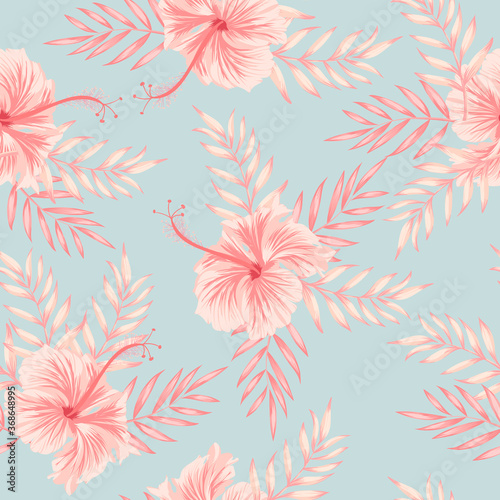 Tropical vector seamless background. Jungle pattern with exitic flowers, and palm leaves. Stock vector. Jungle vector vintage wallpaper