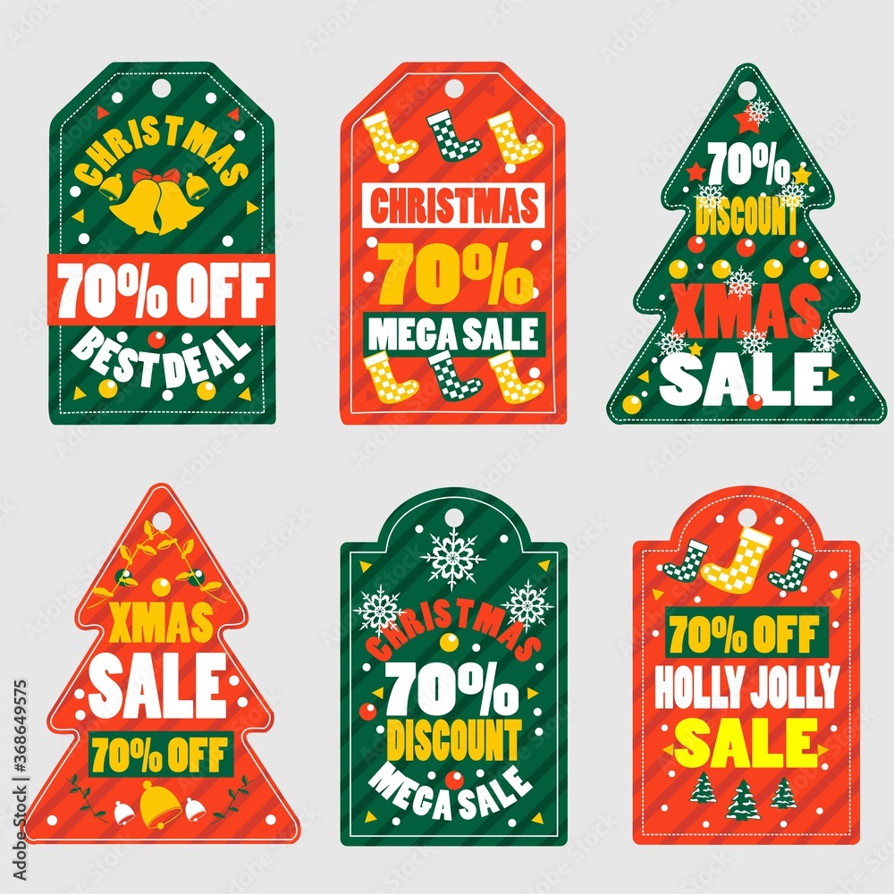 Collection of Six Cute and Cheerful Merry Christmas and Happy New Year Sales Tags for Product Promotion - Vector Illustration on Gray Background - Printable and Editable
