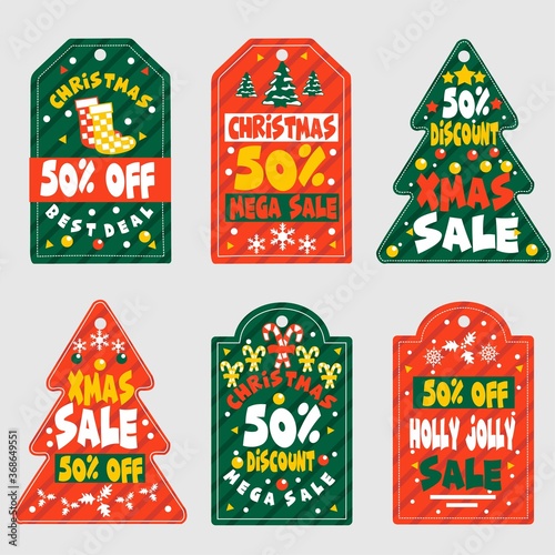 Collection of Six Cute and Cheerful Merry Christmas and Happy New Year Sales Tags for Product Promotion - Vector Illustration on Gray Background - Printable and Editable
