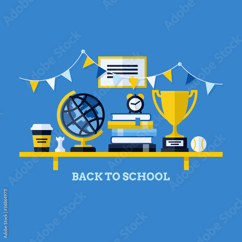 Back to school flat vector illustration with desk and school supplies. Creative design elements for websites, mobile apps and printed materials