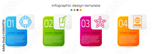 Set line Lifebuoy, Cocktail and alcohol drink, Starfish and Passport. Business infographic template. Vector.
