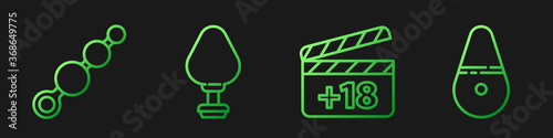Set line Movie clapper with 18 plus content, Anal beads, Anal plug and Dildo vibrator. Gradient color icons. Vector.
