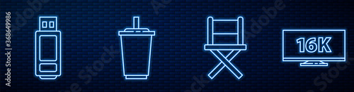 Set line Director movie chair, USB flash drive, Paper glass with water and Screen tv with 16k. Glowing neon icon on brick wall. Vector.
