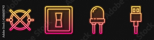 Set line Light emitting diode, Electric circuit scheme, Electric light switch and USB cable cord. Glowing neon icon. Vector.