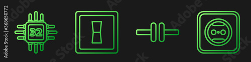 Set line Electric circuit scheme, Processor with microcircuits CPU, Electric light switch and Electrical outlet. Gradient color icons. Vector.
