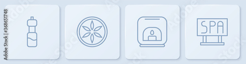 Set line Bottle of water, Aroma lamp, Leaf plant nature and Spa salon signboard. White square button. Vector.