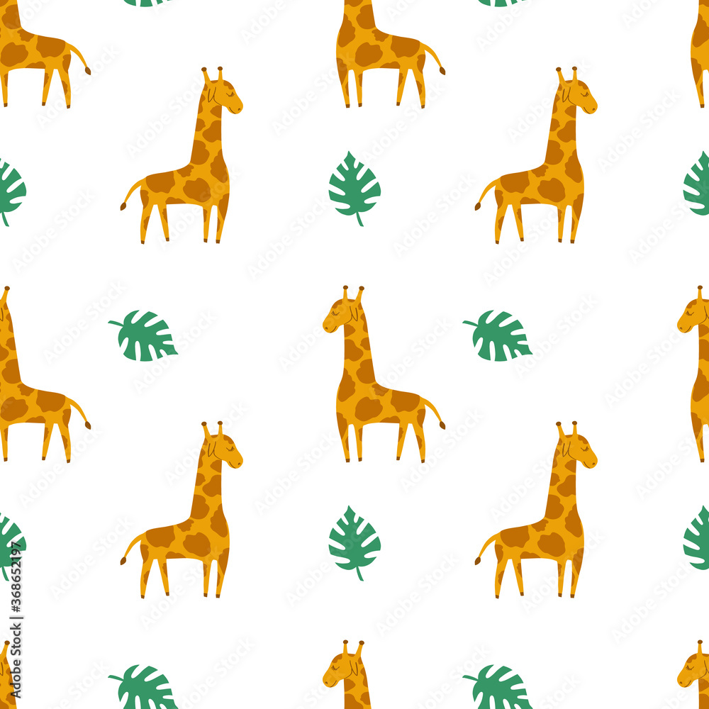 Obraz premium Tropical cute seamless pattern with wild animal giraffe and tropic leaves. Scandinavian style. Vector illustration