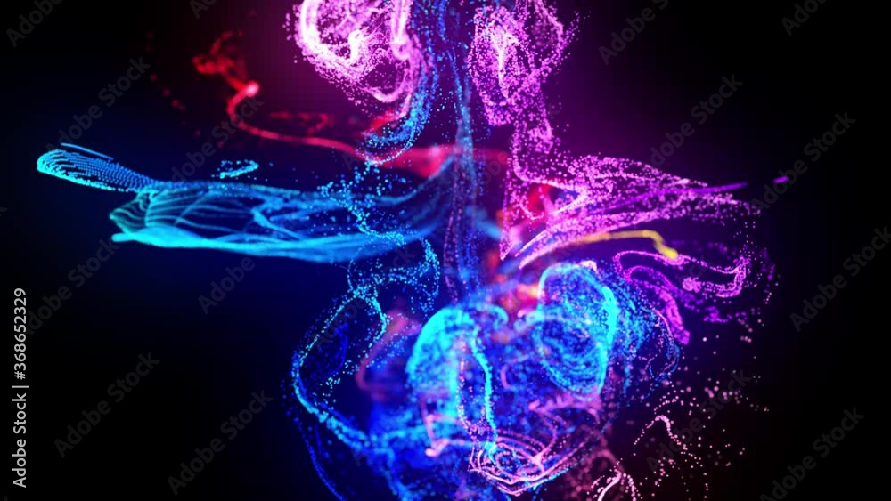 injection of fluorescent ink in water in 4k. 3d render of glow particles in ink flow. Interaction of two colliding flows. Luma matte as alpha channel. Shiny ink effect advection. 23 injection of fluorescent ink in water in 4k. 3d render of glow particles in ink flow. Interaction of two colliding flows. Luma matte as alpha channel. Shiny ink effect advection. 23
