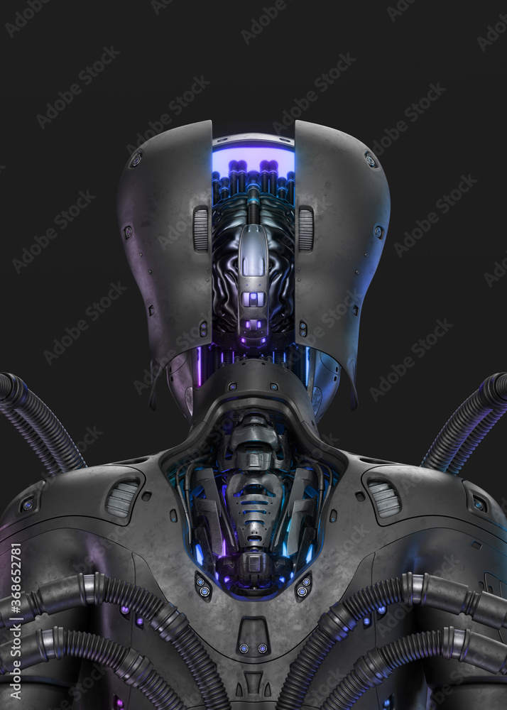 Steel robotic cyborg backwards with opened head, revealing illuminated robotic brain, 3d rendering on dark background Steel robotic cyborg backwards with opened head, revealing illuminated robotic brain, 3d rendering on dark background