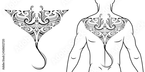Maori tribal style tattoo pattern with manta ray fit for a back, chest. With example on body. For tattoo studio catalog.