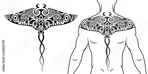 Maori tribal style tattoo pattern with manta ray fit for a back, chest. With example on body. For tattoo studio catalog.