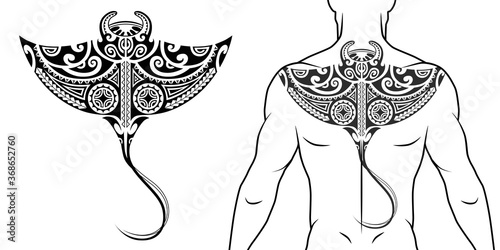 Maori tribal style tattoo pattern with manta ray fit for a back, chest. With example on body. For tattoo studio catalog.