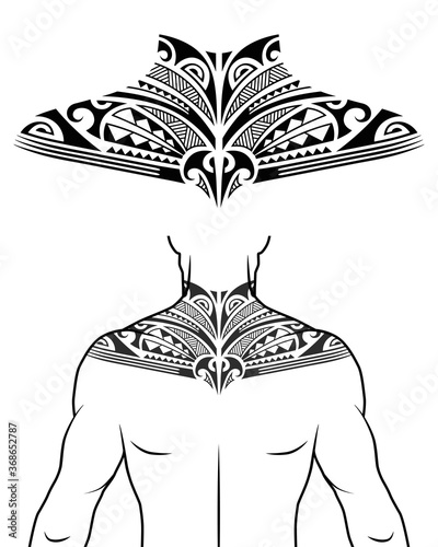 Maori tribal style tattoo pattern fit for a neck, back, chest. With example on body. For tattoo studio catalog.