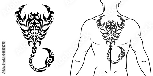 Maori tribal style tattoo pattern with scorpio fit for a back, chest. With example on body. For tattoo studio catalog.