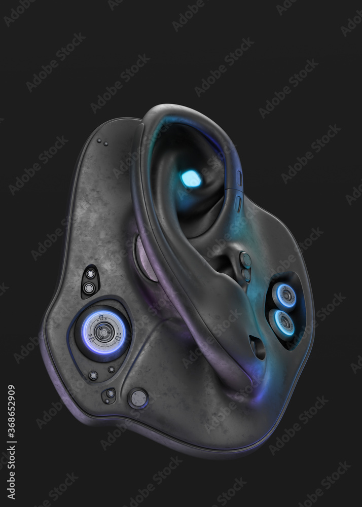 Futuristic robot hearing organ/ Robotic ear 3d rendering on dark background
