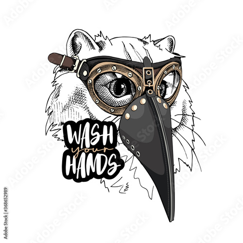Cat in a Medieval Plague Doctor mask and in a protective glasses. Steampunk Character. Wash your hands - lettering quote. T-shirt composition, hand drawn style print. Vector illustration.