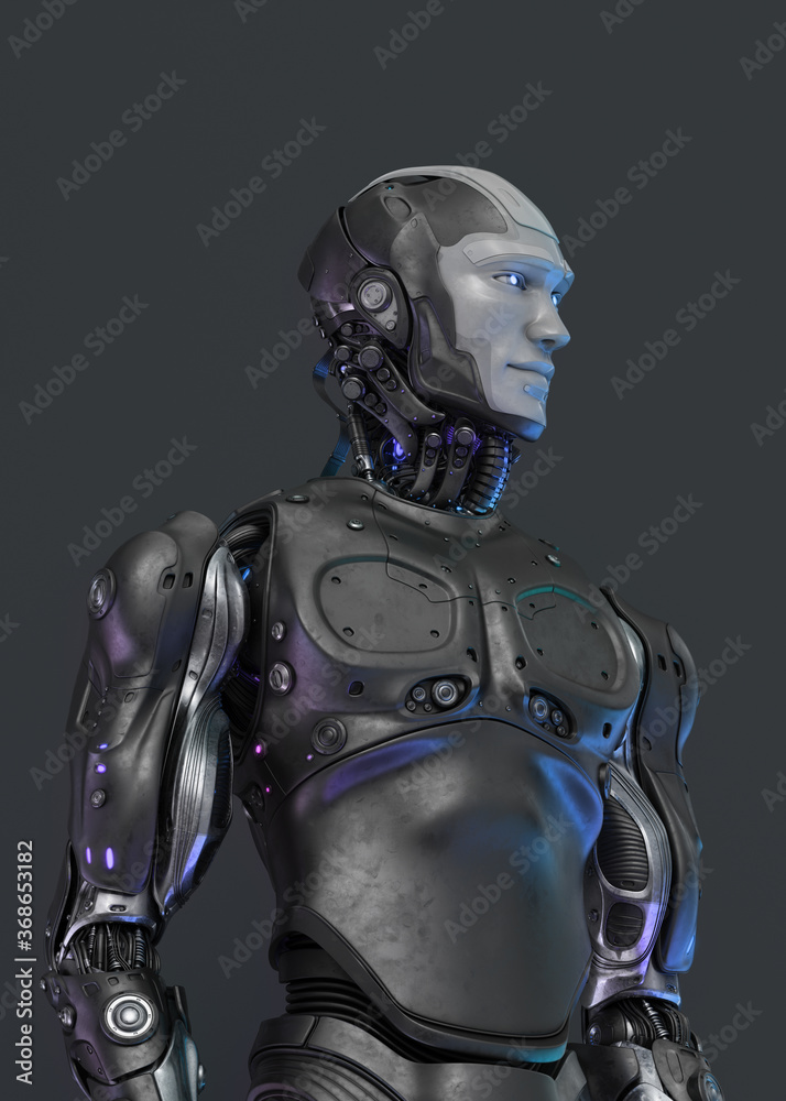 Futuristic handsome robot man in profile. 3d rendering of stylish steel cyborg on dark background
Futuristic handsome robot man in profile. 3d rendering of stylish steel cyborg on dark background