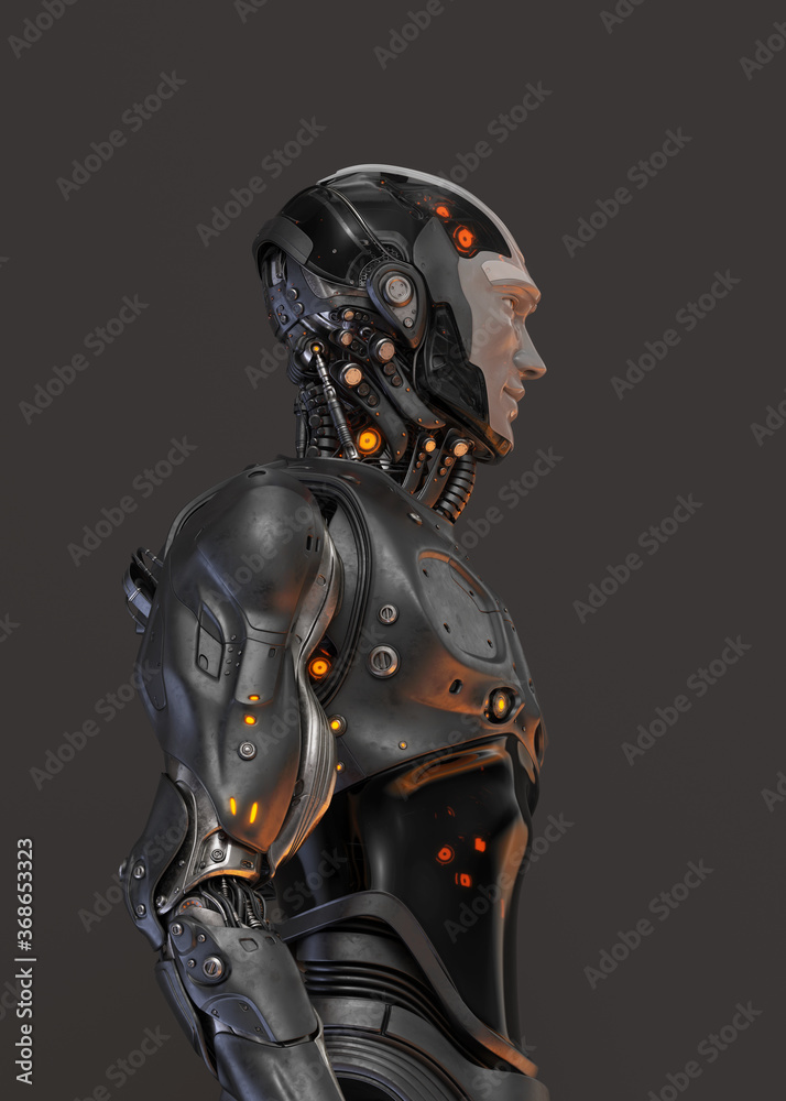 Futuristic handsome robot man in profile. 3d rendering of stylish steel cyborg on dark background
Futuristic handsome robot man in profile. 3d rendering of stylish steel cyborg on dark background