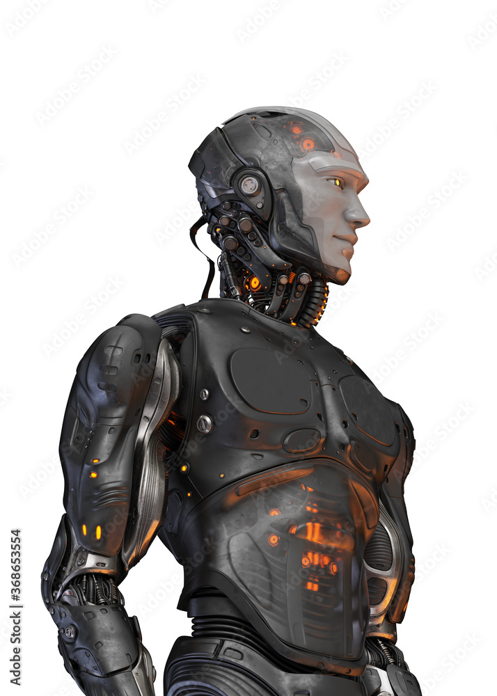 Futuristic handsome robot man in profile. 3d rendering of stylish steel cyborg on white background
Futuristic handsome robot man in profile. 3d rendering of stylish steel cyborg on white background