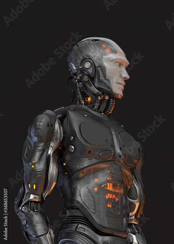 Futuristic handsome robot man in profile. 3d rendering of stylish steel cyborg on dark background 