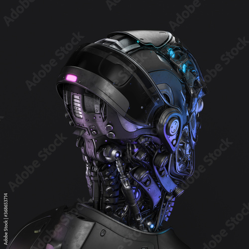 Sci-fi handsome cyborg head backwards / Futuristic man 3d rendering on dark background