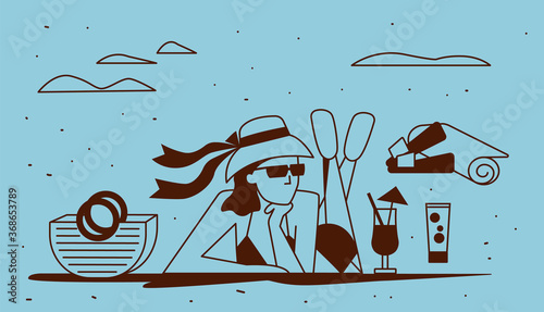 A girl in a hat and sunglasses is sunbathing on the beach. Vector illustration. Minimalism.