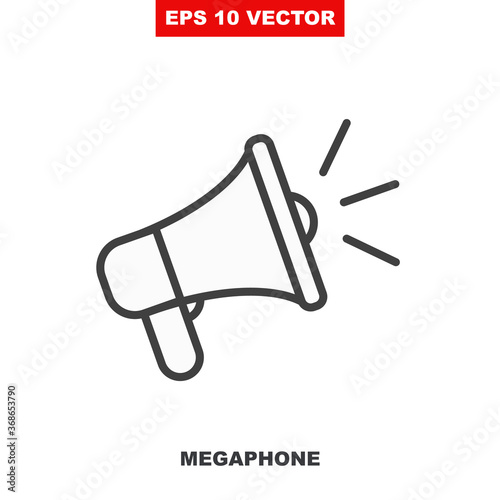 Loudspeaker vector icon for announce in public media. Loud speaker line symbol illustration for clear announcement isolated on white. Megaphone outline sign for notify or warning. V1