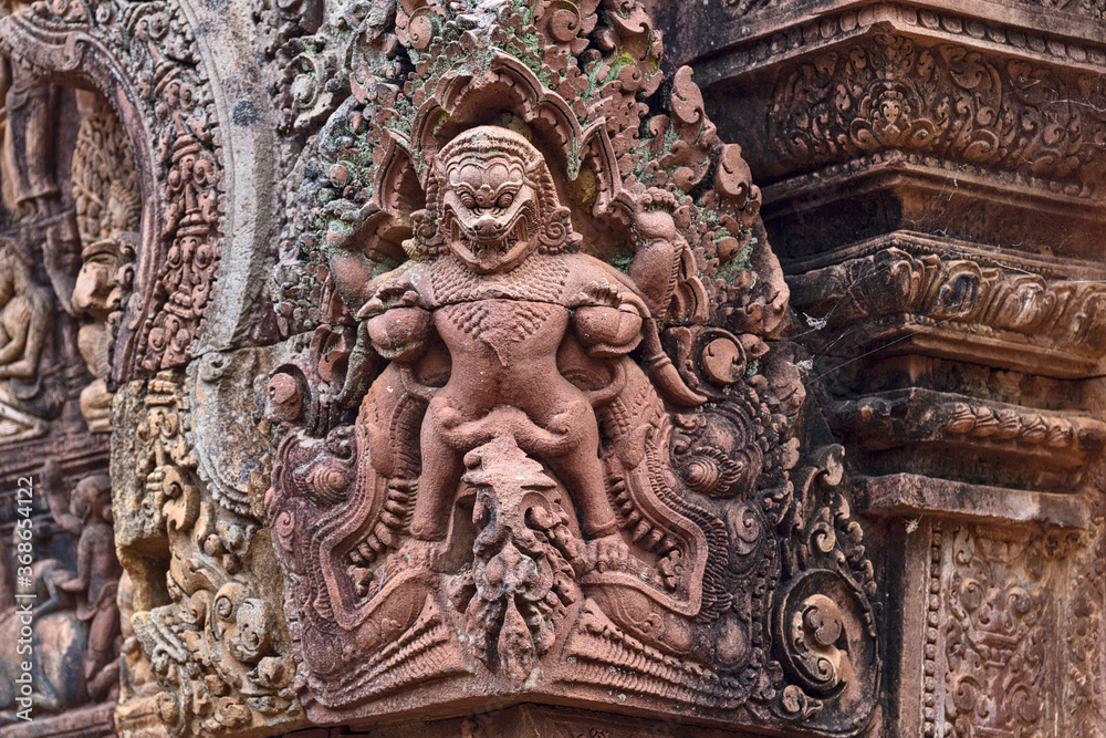 Stone carvings at Banteay Srei temple area of Angkor in Siem Reap, Cambodia