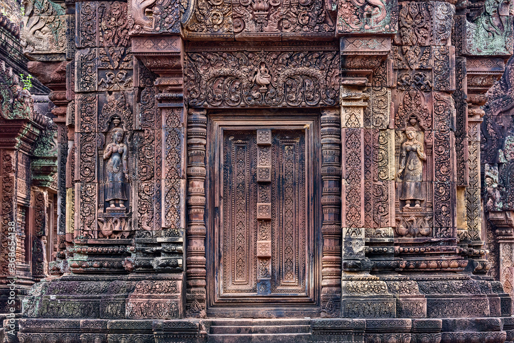 Blind door and balusters Banteay Srei temple in Angkor, Siem Reap, Cambodia