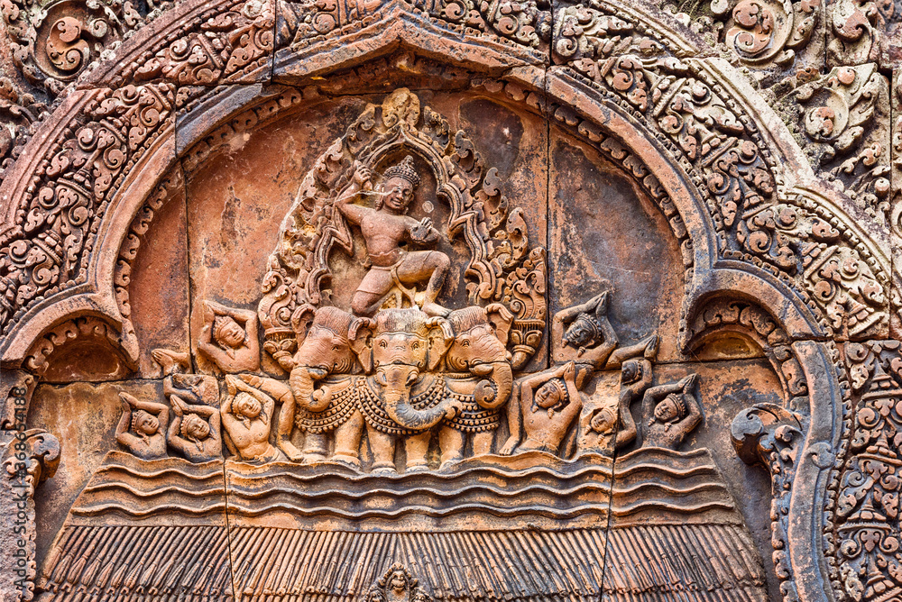 pediment shows the burning of Khandava Forest in Banteay Srei temple area of Angkor in Siem Reap, Cambodia