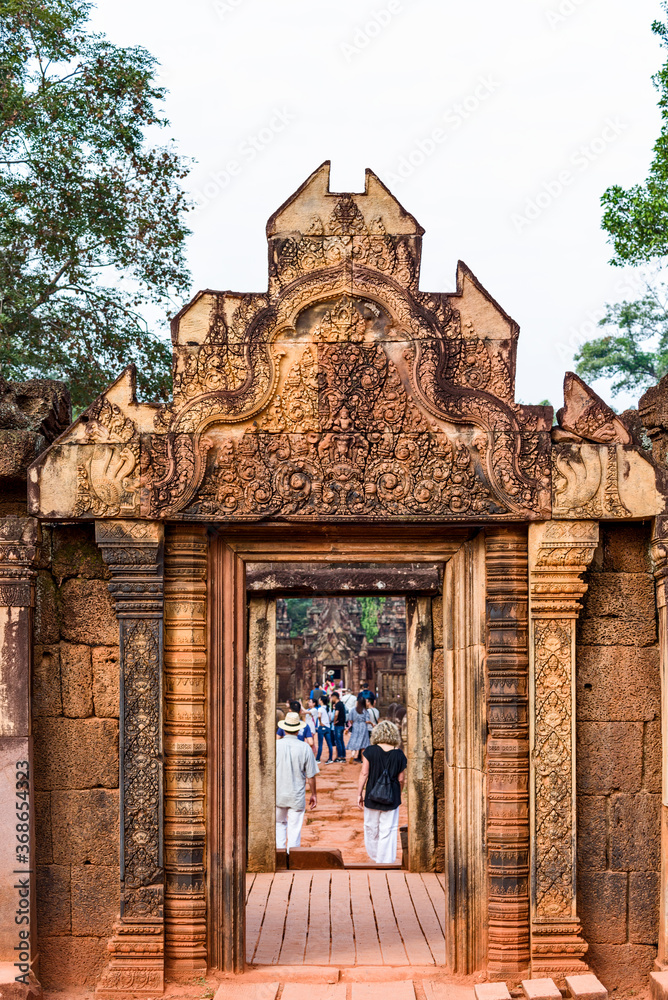 A gopura pediment in the temple of Banteay Srei in Siem Reap, CambodiaA gopura pediment in the temple of Banteay Srei in Siem Reap, Cambodia A gopura pediment in the temple of Banteay Srei in Siem Reap, CambodiaA gopura pediment in the temple of Banteay Srei in Siem Reap, Cambodia