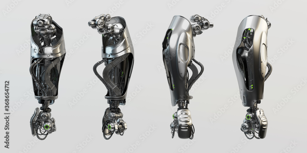 Fototapeta premium Robotic arm replacement parts, steel cyborg prothesis 3d rendering
