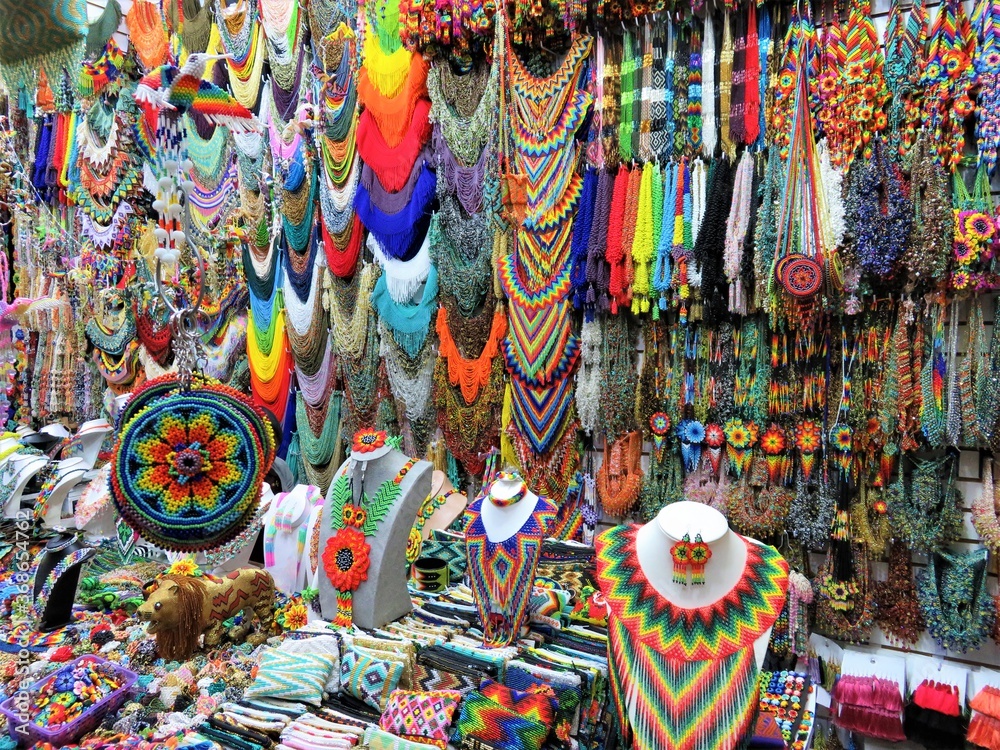 colorful beads on a market stall, Mexico