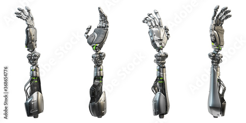 Artificial sci-fi robotic arm prosthesis 3d rendering in 4 angles