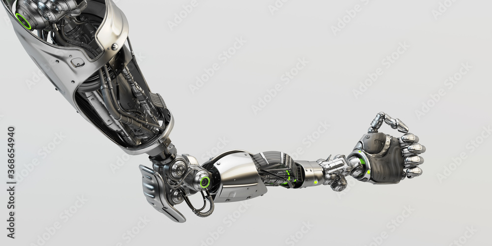 Steel futuristic robotic arm with flipping gesture, 3d rendering Steel futuristic robotic arm with flipping gesture, 3d rendering
