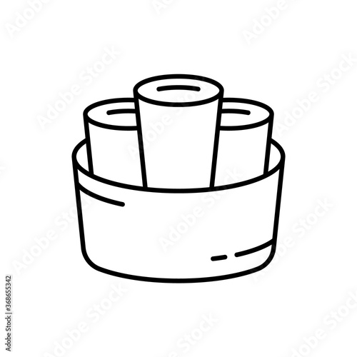 Thai Rolled Ice Cream. Linear icon of stir-fried ice cream. Black simple illustration of three dessert rolls in round basket. Contour isolated vector logo on white background