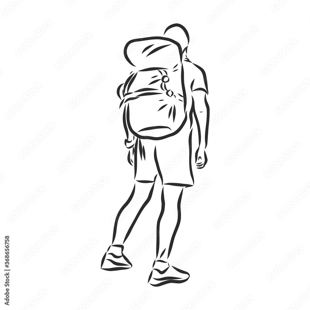 Sketch of man trekking with big backpack Hand drawn vector illustration