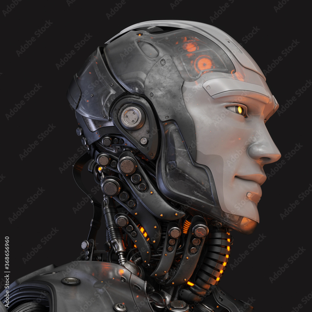 Semi-transparent handsome cyborg head in profile / Futuristic man 3d rendering on dark background Semi-transparent handsome cyborg head in profile / Futuristic man 3d rendering on dark background