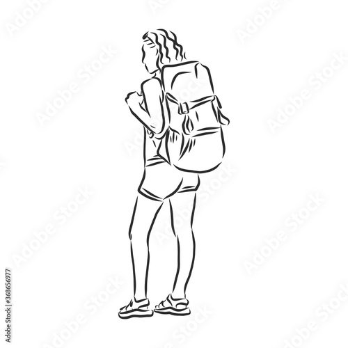 Sketch of man trekking with big backpack Hand drawn vector illustration