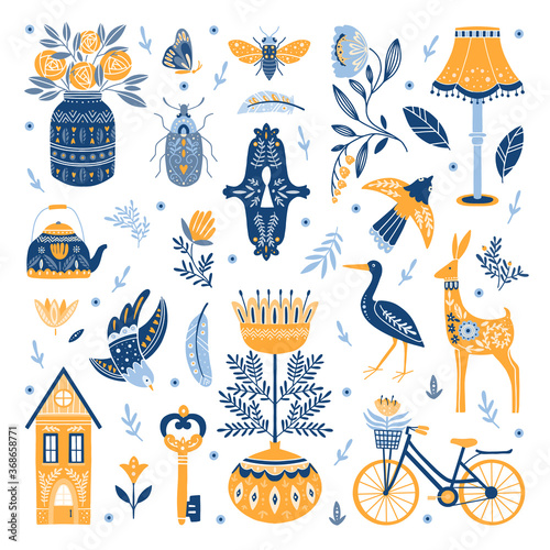 Set of Folk art cliparts in Scandinavian and Nordic style photo