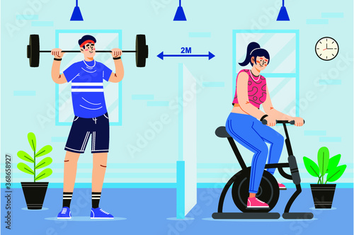 New normal concept and physical distancing workout in fitness and keep social distance to prevent from disease outbreak. New normal after COVID-19 pandemic concept