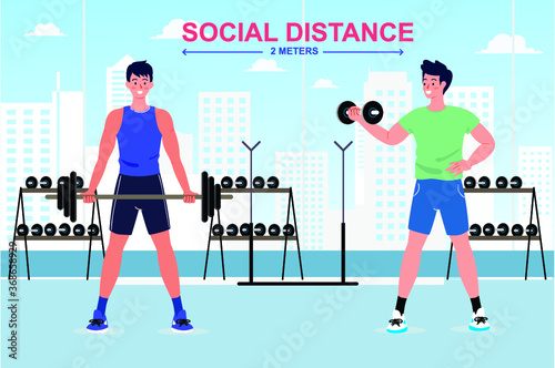 New normal social distancing Fitness center lifestyle after pandemic COVID-19 coronavirus.  Social distancing, 