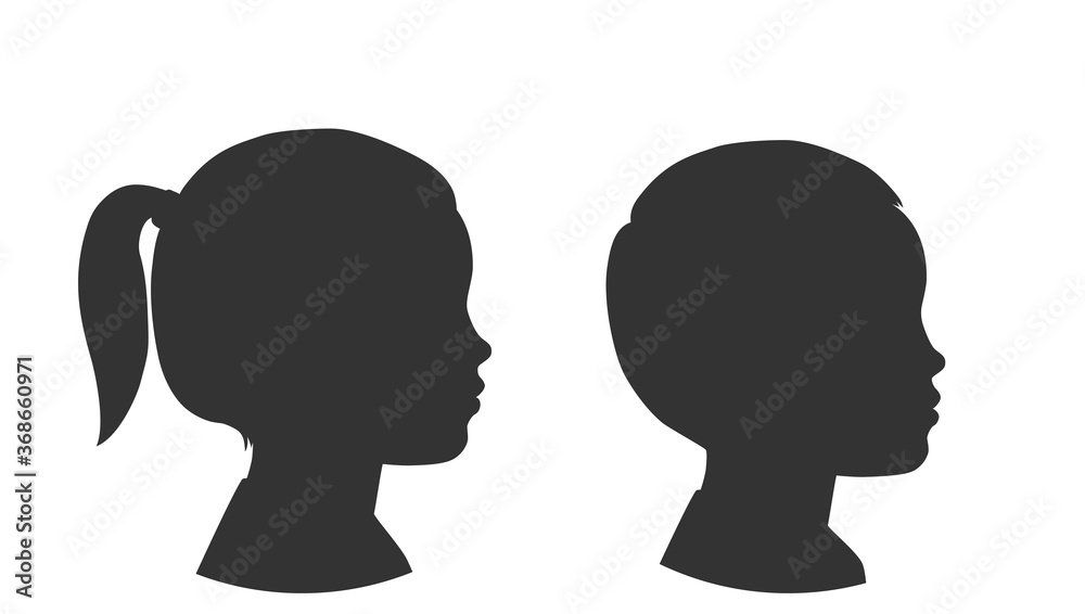 Silhouettes of child face. Little girl and boy. Outlines baby in profile. Vector illustration